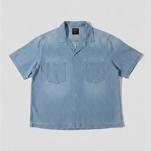 Light Blue Denim Short-Sleeve Button-Down Shirt-M